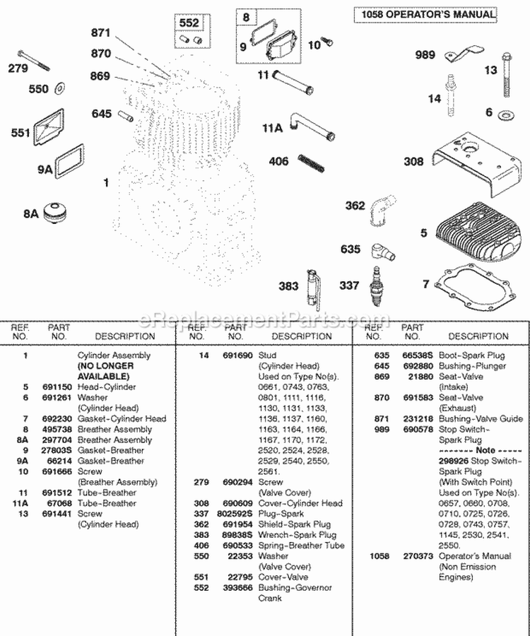 Cylinder Head Breather Diagram and Parts List for  Briggs and Stratton Engine